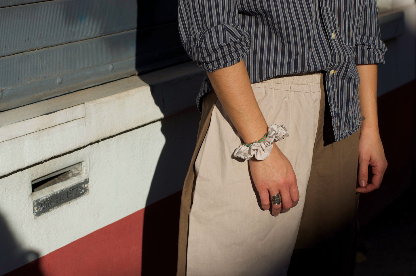 handmade balloon pants in a split panel style, zero-waste scrunchie